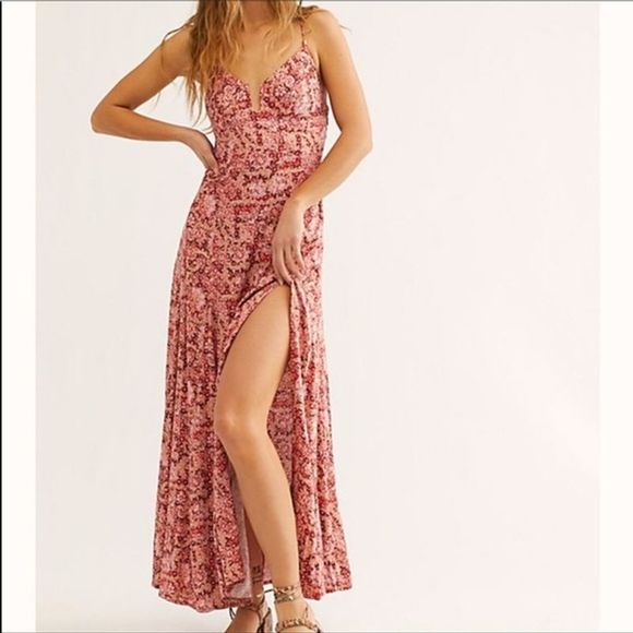 Free People Dresses & Skirts - Free People Maxi Dress Printed Tie Red 2 NEW